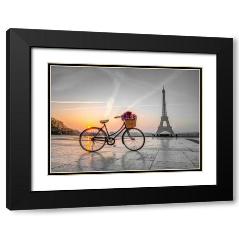 Bicycle with a basket of flowers next to the Eiffel tower, Paris, France Black Modern Wood Framed Art Print with Double Matting by Frank, Assaf