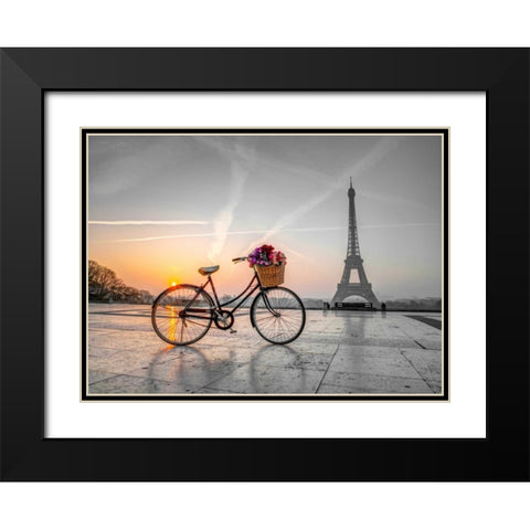 Bicycle with a basket of flowers next to the Eiffel tower, Paris, France Black Modern Wood Framed Art Print with Double Matting by Frank, Assaf