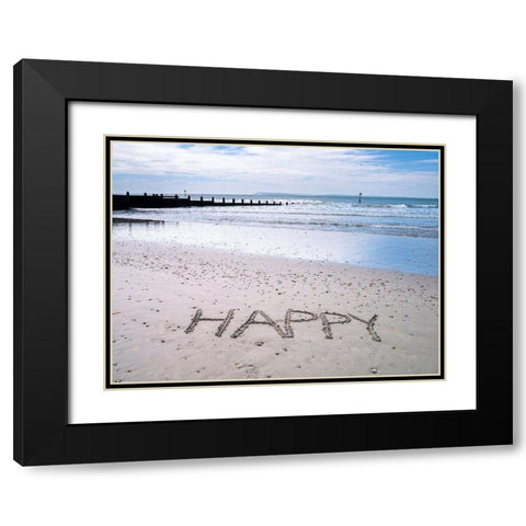 HAPPY written on beach Black Modern Wood Framed Art Print with Double Matting by Frank, Assaf