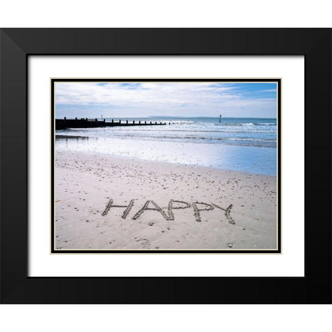 HAPPY written on beach Black Modern Wood Framed Art Print with Double Matting by Frank, Assaf