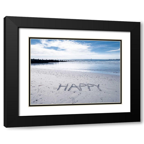 HAPPY message written in smooth sand at the beach Black Modern Wood Framed Art Print with Double Matting by Frank, Assaf