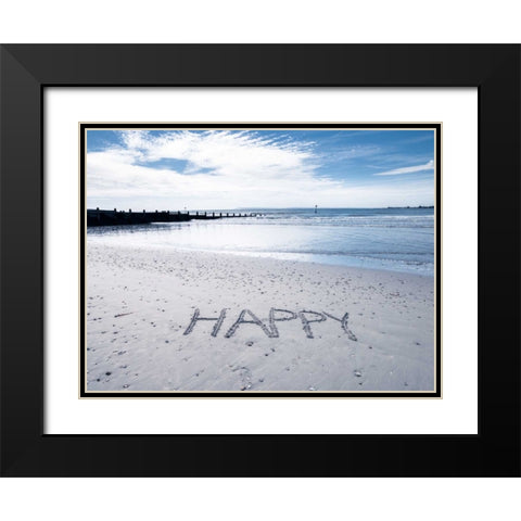 HAPPY message written in smooth sand at the beach Black Modern Wood Framed Art Print with Double Matting by Frank, Assaf