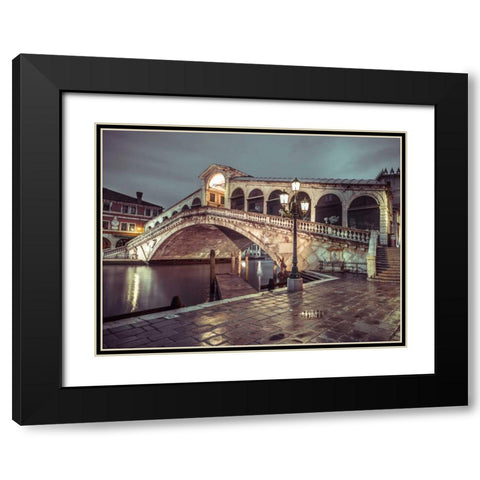 Rialto Bridge at night, Venice, Italy, FTBR-1890 Black Modern Wood Framed Art Print with Double Matting by Frank, Assaf
