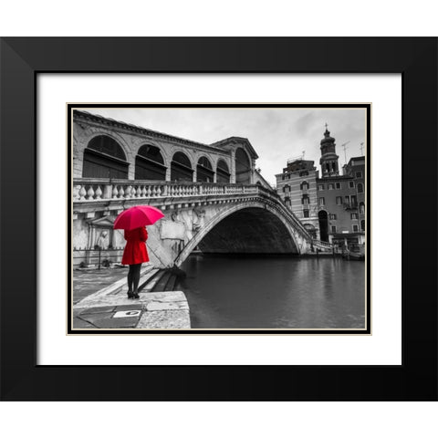 A woman in a red dress holding red umbrella and standing next to the Rialto bridge, Venice, Italy Black Modern Wood Framed Art Print with Double Matting by Frank, Assaf