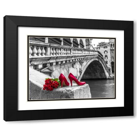 Bunch of red roses and red high heel shoes, Rialto Bridge, Venice, Italy Black Modern Wood Framed Art Print with Double Matting by Frank, Assaf