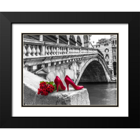 Bunch of red roses and red high heel shoes, Rialto Bridge, Venice, Italy Black Modern Wood Framed Art Print with Double Matting by Frank, Assaf