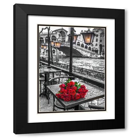 Bunch of red roses on street cafe table-Rialto Bridge-Venice-Italy Black Modern Wood Framed Art Print with Double Matting by Frank, Assaf