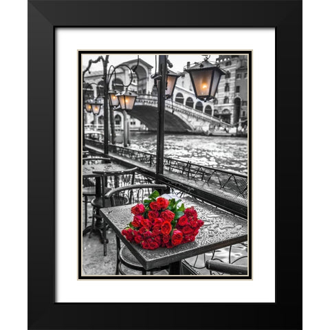 Bunch of red roses on street cafe table-Rialto Bridge-Venice-Italy Black Modern Wood Framed Art Print with Double Matting by Frank, Assaf