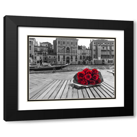Bunch of red roses on street cafe table near canal, Venice, Italy Black Modern Wood Framed Art Print with Double Matting by Frank, Assaf