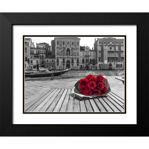 Bunch of red roses on street cafe table near canal, Venice, Italy Black Modern Wood Framed Art Print with Double Matting by Frank, Assaf