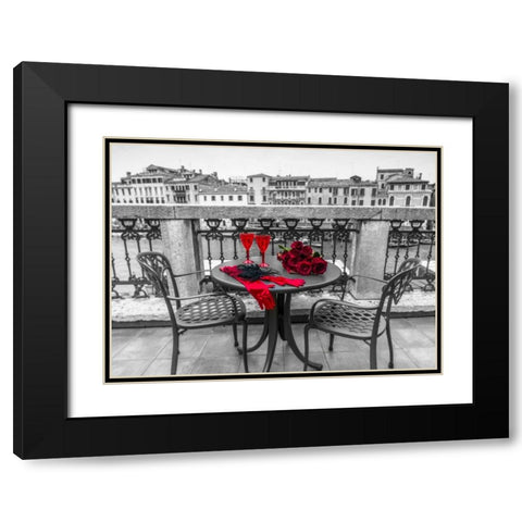 Bunch of Roses with wine glasses and female hand gloves on cafe table, Venice, Italy Black Modern Wood Framed Art Print with Double Matting by Frank, Assaf