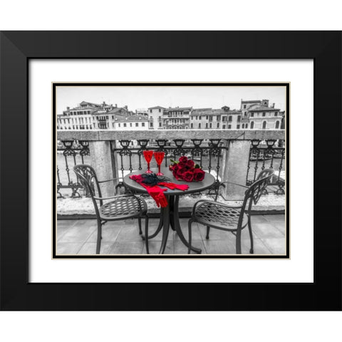 Bunch of Roses with wine glasses and female hand gloves on cafe table, Venice, Italy Black Modern Wood Framed Art Print with Double Matting by Frank, Assaf