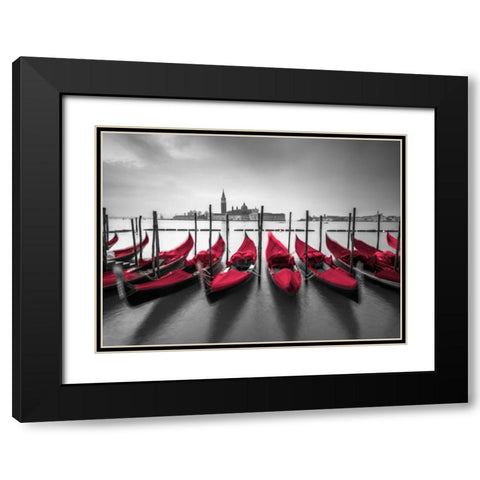 Bunch of Roses and umbrella on pier with gondolas moored in canal, Venice, Italy Black Modern Wood Framed Art Print with Double Matting by Frank, Assaf