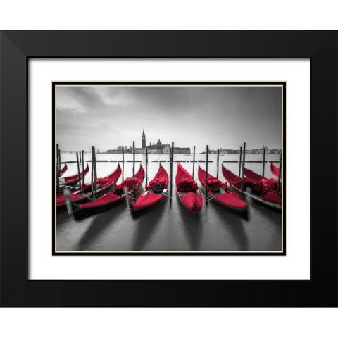 Bunch of Roses and umbrella on pier with gondolas moored in canal, Venice, Italy Black Modern Wood Framed Art Print with Double Matting by Frank, Assaf