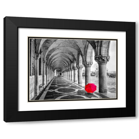 Bunch of Roses and an umbrella on a bench, Venice, Italy Black Modern Wood Framed Art Print with Double Matting by Frank, Assaf