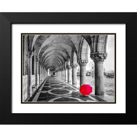 Bunch of Roses and an umbrella on a bench, Venice, Italy Black Modern Wood Framed Art Print with Double Matting by Frank, Assaf