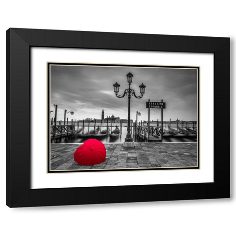 Heart shaped umbrella next to lamp post at Gondola hiring point, Venice, Italy Black Modern Wood Framed Art Print with Double Matting by Frank, Assaf