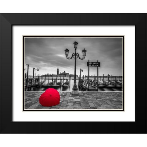 Heart shaped umbrella next to lamp post at Gondola hiring point, Venice, Italy Black Modern Wood Framed Art Print with Double Matting by Frank, Assaf