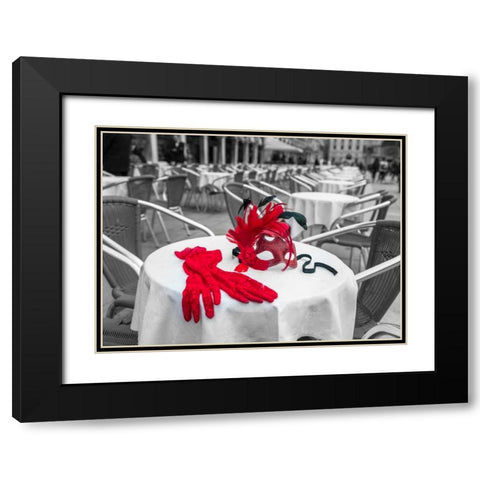 Female hand gloves with Venetian mask on cafe table, Venice, Italy Black Modern Wood Framed Art Print with Double Matting by Frank, Assaf
