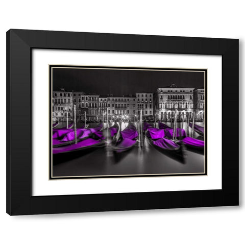 Night shot of grand canal with illuminated buildings and gondolas, Venice, Italy Black Modern Wood Framed Art Print with Double Matting by Frank, Assaf