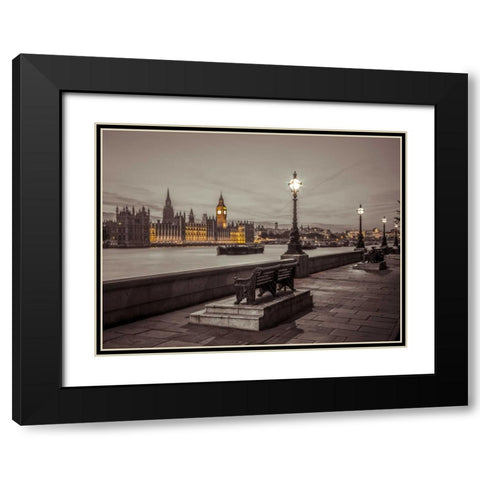 Benchs by the walkway next to river thames, London, Uk Black Modern Wood Framed Art Print with Double Matting by Frank, Assaf