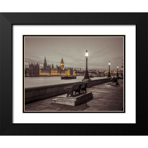 Benchs by the walkway next to river thames, London, Uk Black Modern Wood Framed Art Print with Double Matting by Frank, Assaf