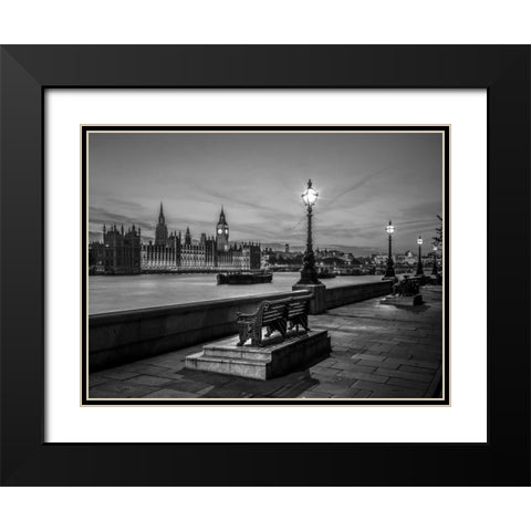 Benchs by the walkway next to river thames, London, Uk Black Modern Wood Framed Art Print with Double Matting by Frank, Assaf