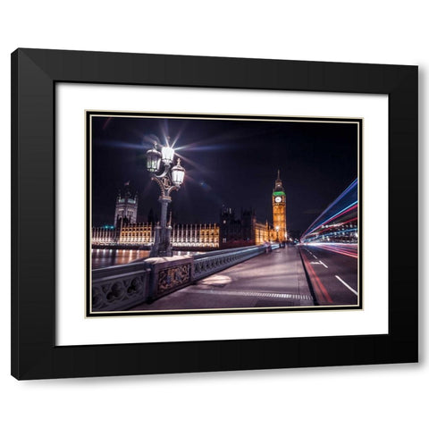Westminster Bridge on river Thames with strip lights, London, UK Black Modern Wood Framed Art Print with Double Matting by Frank, Assaf