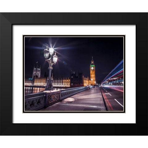 Westminster Bridge on river Thames with strip lights, London, UK Black Modern Wood Framed Art Print with Double Matting by Frank, Assaf