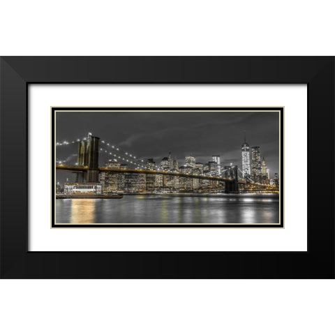 Brooklyn Bridge and lower Manhattan skyline at dusk, New York Black Modern Wood Framed Art Print with Double Matting by Frank, Assaf