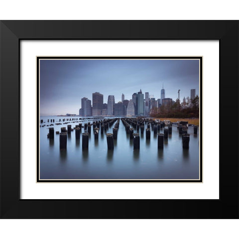 Lower Manhattan Skyline with pier pilings in east river, New York, USA Black Modern Wood Framed Art Print with Double Matting by Frank, Assaf