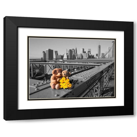 Pair of teddy bears and bunch of roses on Brooklyn Bridge, New York Black Modern Wood Framed Art Print with Double Matting by Frank, Assaf
