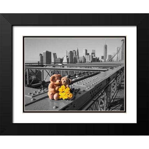 Pair of teddy bears and bunch of roses on Brooklyn Bridge, New York Black Modern Wood Framed Art Print with Double Matting by Frank, Assaf