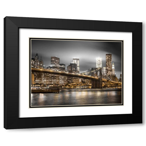 Evening shot of Brooklyn Bridge with Lower Manhattan skyline, New York Black Modern Wood Framed Art Print with Double Matting by Frank, Assaf
