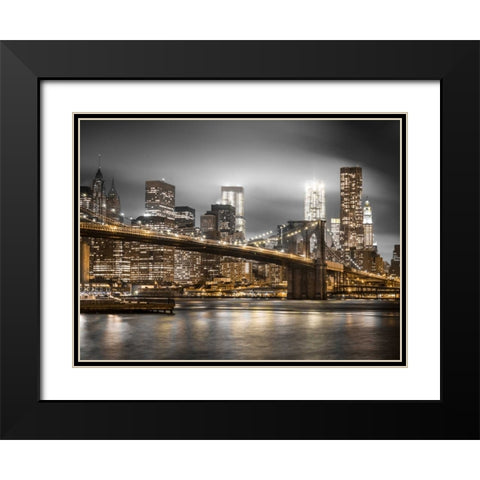 Evening shot of Brooklyn Bridge with Lower Manhattan skyline, New York Black Modern Wood Framed Art Print with Double Matting by Frank, Assaf
