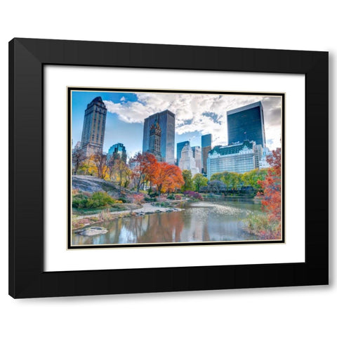 Pond at Central Park with Manhattan skyline, New York Black Modern Wood Framed Art Print with Double Matting by Frank, Assaf