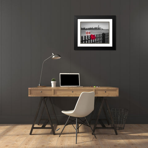 Glasses of Champagne with bunch of roses on railing against Lower Manhattan skylne, New York Black Modern Wood Framed Art Print with Double Matting by Frank, Assaf