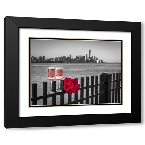 Glasses of Champagne with bunch of roses on railing against Lower Manhattan skylne, New York Black Modern Wood Framed Art Print with Double Matting by Frank, Assaf