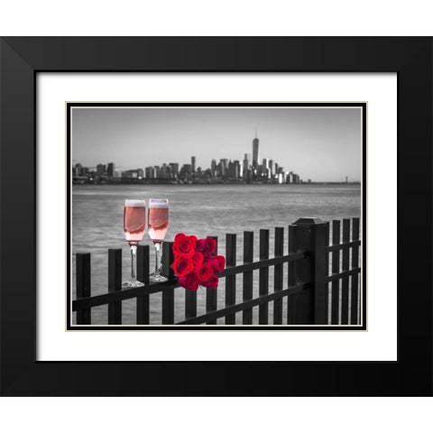 Glasses of Champagne with bunch of roses on railing against Lower Manhattan skylne, New York Black Modern Wood Framed Art Print with Double Matting by Frank, Assaf