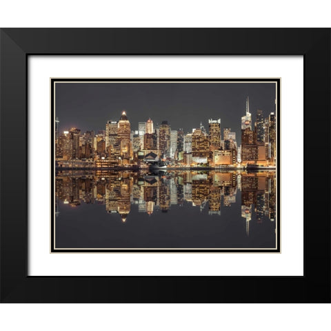 Illuminated Manhattan skyline at twilight - New York City Black Modern Wood Framed Art Print with Double Matting by Frank, Assaf