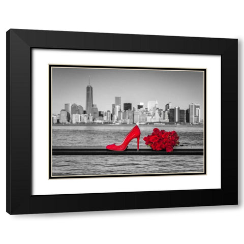 High heel shoe with bunch of roses against Lower manhattan skyline, New York Black Modern Wood Framed Art Print with Double Matting by Frank, Assaf