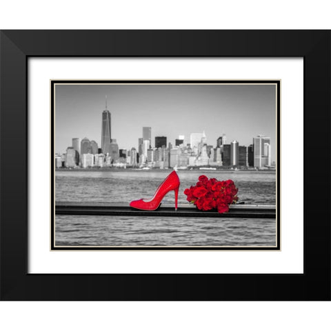 High heel shoe with bunch of roses against Lower manhattan skyline, New York Black Modern Wood Framed Art Print with Double Matting by Frank, Assaf