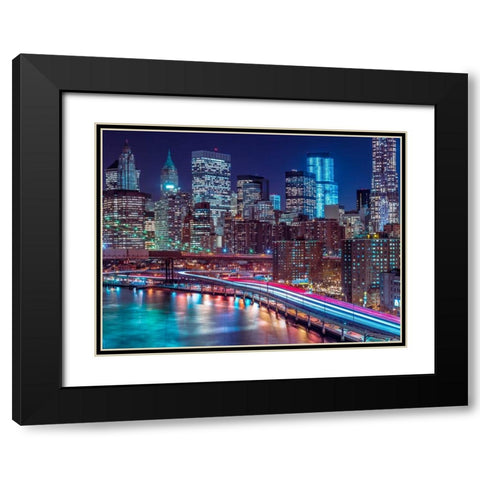 Strip lights on streets of Manhattan by east river, New York Black Modern Wood Framed Art Print with Double Matting by Frank, Assaf