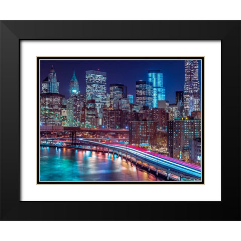 Strip lights on streets of Manhattan by east river, New York Black Modern Wood Framed Art Print with Double Matting by Frank, Assaf