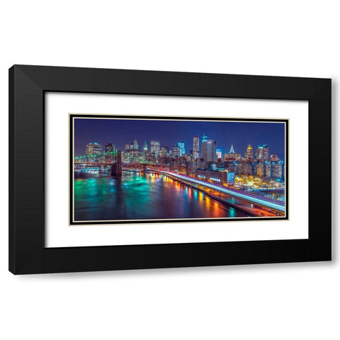 Strip lights on streets of Manhattan by east river, New York Black Modern Wood Framed Art Print with Double Matting by Frank, Assaf