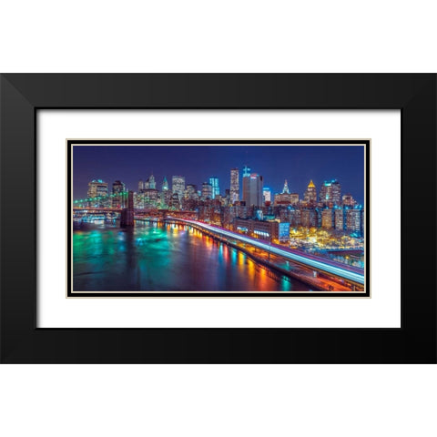 Strip lights on streets of Manhattan by east river, New York Black Modern Wood Framed Art Print with Double Matting by Frank, Assaf