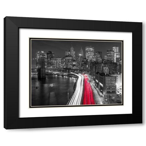 Strip lights on streets of Manhattan by east river, New York Black Modern Wood Framed Art Print with Double Matting by Frank, Assaf