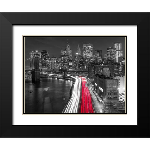 Strip lights on streets of Manhattan by east river, New York Black Modern Wood Framed Art Print with Double Matting by Frank, Assaf