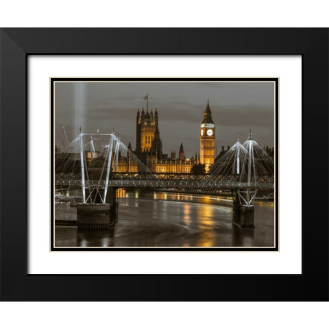 Evening view of Golden Jubilee over River Thames with Westminster Abby Black Modern Wood Framed Art Print with Double Matting by Frank, Assaf