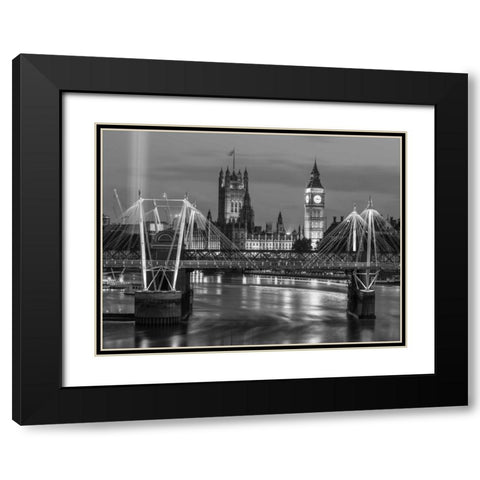 Evening view of Golden Jubilee over River Thames with Westminster Abby Black Modern Wood Framed Art Print with Double Matting by Frank, Assaf